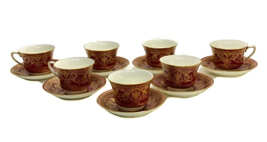 7 Royal Worcester England Porcelain Cup and Saucers, 1885. Burgundy & Gilt