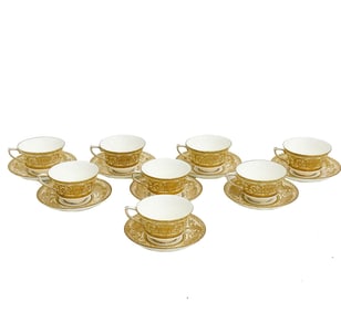 8 Royal Worcester England Gilt Porcelain Cup & Saucers in Embassy, 1957