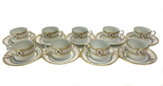9 French Limoges Porcelain Floral Gilt Design Cups and Saucers Vintage