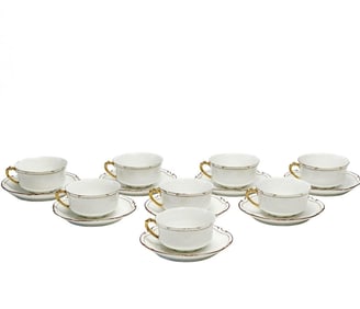 8 Limoges France Gilt Porcelain Tea Cups & Saucers circa 1915