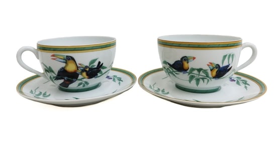 Pair Hermes Pair Porcelain Large Breakfast Cup and Saucers in Toucans