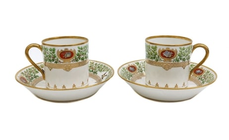 Pair Manufacture Sevres Louis Philippe Chateau Fontainbleau Cups & Saucers 1839