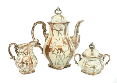 3pc Hertel Jacob Bavaria Germany Silver on Copper Porcelain Feet Coffee Pot
