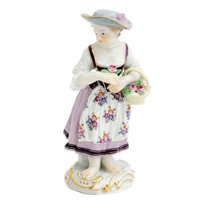 Meissen Germany Porcelain Miniature Figurine Gardener Child w Flower Basket #8