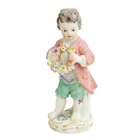 Meissen Germany Porcelain Miniature Figurine Gardener Child w Floral Wreath #6
