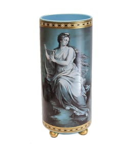 French Blue Opaline Art Glass Painted Enamel Vase