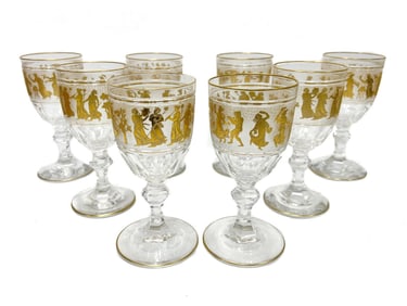 8 Val St. Lambert Frosted Glass Gilt 9 ounce Wine Goblets Danse de Flore