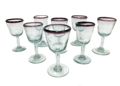 8 Italian Hand Blown Blue Amethyst Glass 6.75 inch Wine Goblets, Mid Century