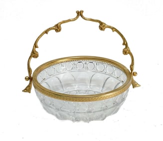 Vintage Continental Cut Glass Bowl with Gilt Metal Handle, 3rd Quarter 20th Cen