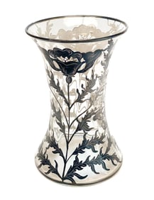 American Silver Overlay Glass Vase, circa 1910. Floral & Leaf Designs