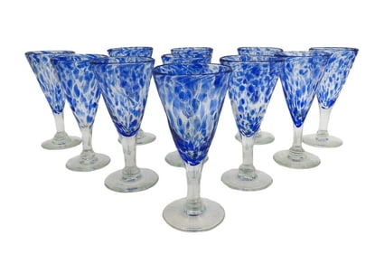 11 American Studio Glass Hand Blown Blue Mottled Wine Goblets 20th Century