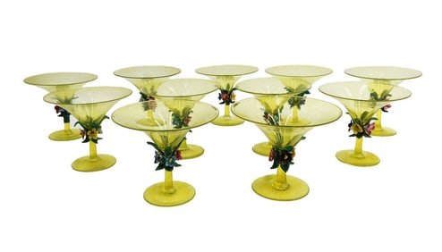 11 Salviati Speckled Yellow Glass Applied Floral Champagne Sherbet Goblets c1960