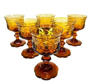 6 Bohemian Amber Gold Cut Glass 8 ounce Water Goblets, 19th Century