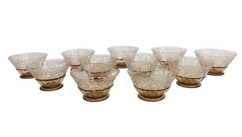 11 Venetian Amber Cut Glass Engraved Footed Fruit Berry Sherbet Bowls c1940