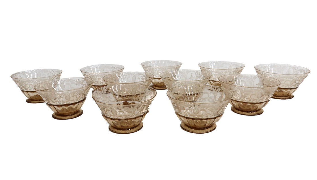 11 Venetian Amber Cut Glass Engraved Footed Fruit Berry Sherbet Bowls c1940 (1 of 7)