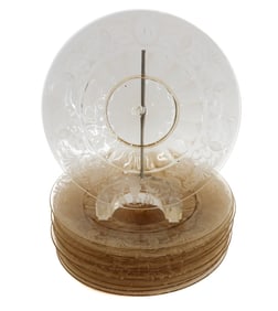 11 Venetian Amber Cut Glass Engraved Dessert Plates circa 1940