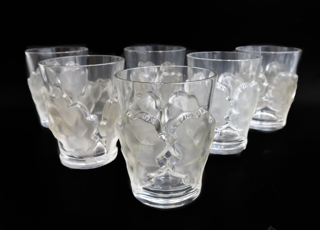 6 Lalique France Double Old Fashioned Glass Tumblers in Chene Signed (1 of 5)