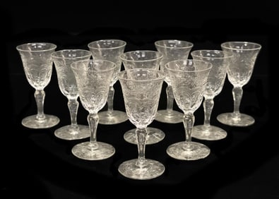 10 Continental Cut Glass Emulating Rock Crystal Cordial Wine Goblets, circa 1960