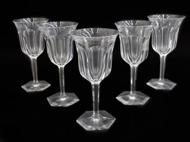 5 Baccarat Crystal Glass Water Goblets in Malmaison, Signed Cut Panels