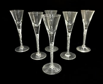 5 Glass Air Twist Stem Wine Goblets, 2nd Half 20th Century