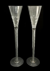 Pair English 17.75 inch Long Stem Wine Goblets, Air Twist Stem