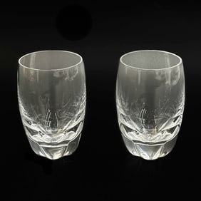 Pair Lalique France Crystal Glass Flat Wine Tumblers in Highlands Signed