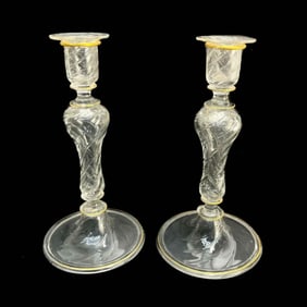 Pair Lobmeyer Germany Swirled Glass and Gilt Candlestick Holders circa 1900