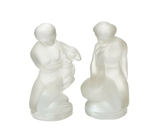 Pair Lalique France Frosted Glass Nude Figurines Diane with Ram & Leda with Swan