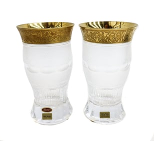 Pair Moser Czech Cut Crystal Highball Glass Goblets in Gold Splendid Signed