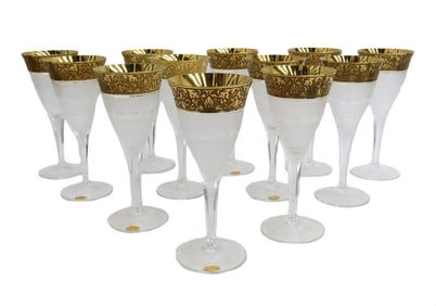 12 Moser Czech Cut Crystal Red Wine Goblets Gold Splendid Signed