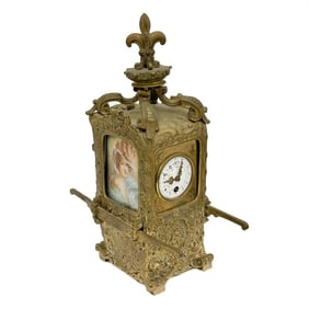 Sedan Chair Form Gilt Bronze Mantel Clock Watercolor Portraits circa 1900