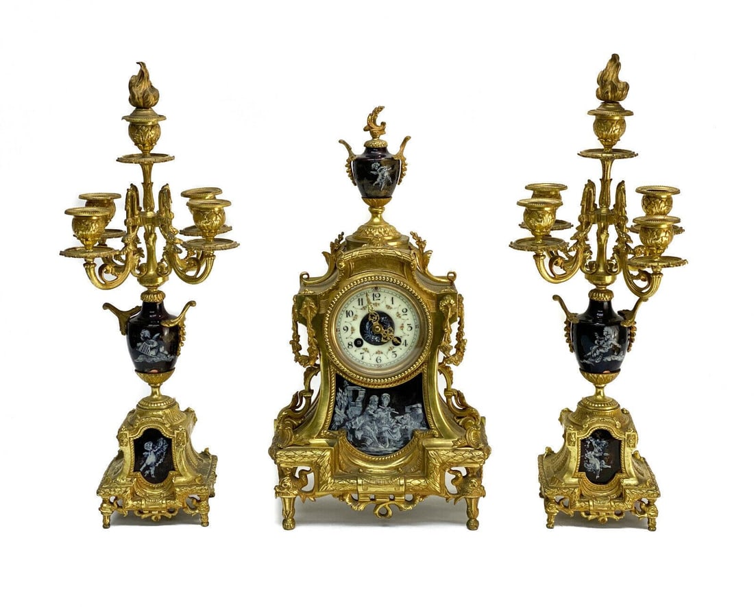 3 Piece Gilt Bronze Clock Garniture (1 of 10)