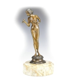 Fayral Art Deco Style Bronze Nude Girl with Bird Sculpture