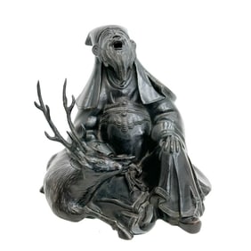 Japanese Bronze Okimono Sculpture Deity Jurojin with Deer Meiji period