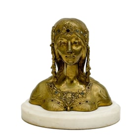 Art Deco Jeweled Gilt Bronze Bust Julia Sculpture on Marble by Theophile Somme