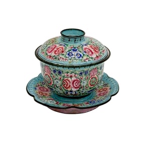 Chinese Enamel Hand Painted Covered Cup and Saucer