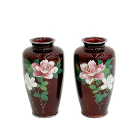 Pair Japanese Cloisonne Enamel Vases Silver Mounts Pink & White Roses c 1930