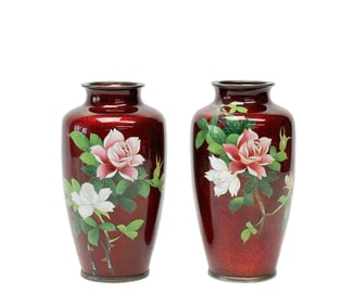Pair Japanese Cloisonné Enamel Vases Roses Bamboo Meiji Period