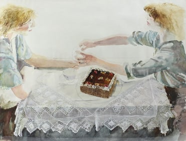 David Remfry (American British, 1942) Watercolor Two Women Having Cake, Signed