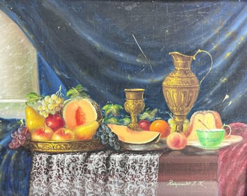 Johan K Reinprecht (Hungary 20th Century) Oil on Board Portrait Fruit Still Life