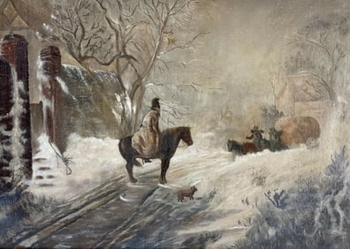Continental Oil on Canvas Painting Snowing Equestrian Scene, 19th Century Signed