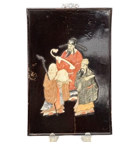Chinese Carved Hardstone Wood Panel 3 Scholars 2nd Quarter 20th cen