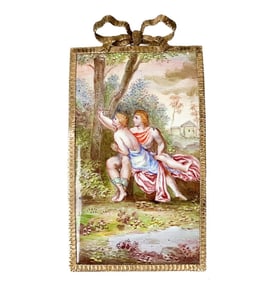 Continental Hand Painted Enamel Plaque in 14k Gold Frame