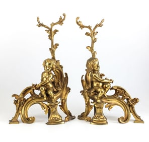 Pair Continental Gilt Bronze Chenet Putti / Cherubs, c1900. Foliate Accents