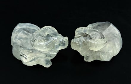 Pair Chinese Carved Rock Crystal Miniature Water Buffalo Figurines