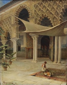 Julio Montenegro (Spanish 19th-20th Century) Hand Painted Oil on Canvas, Courtyard of Alhambra