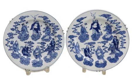 Pair Chinese Hand Painted FIgural Wall Plates Eight Immortals 19th Century