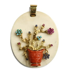 18k Yellow Gold Ruby, Sapphire, Turquoise and Coral Pendant