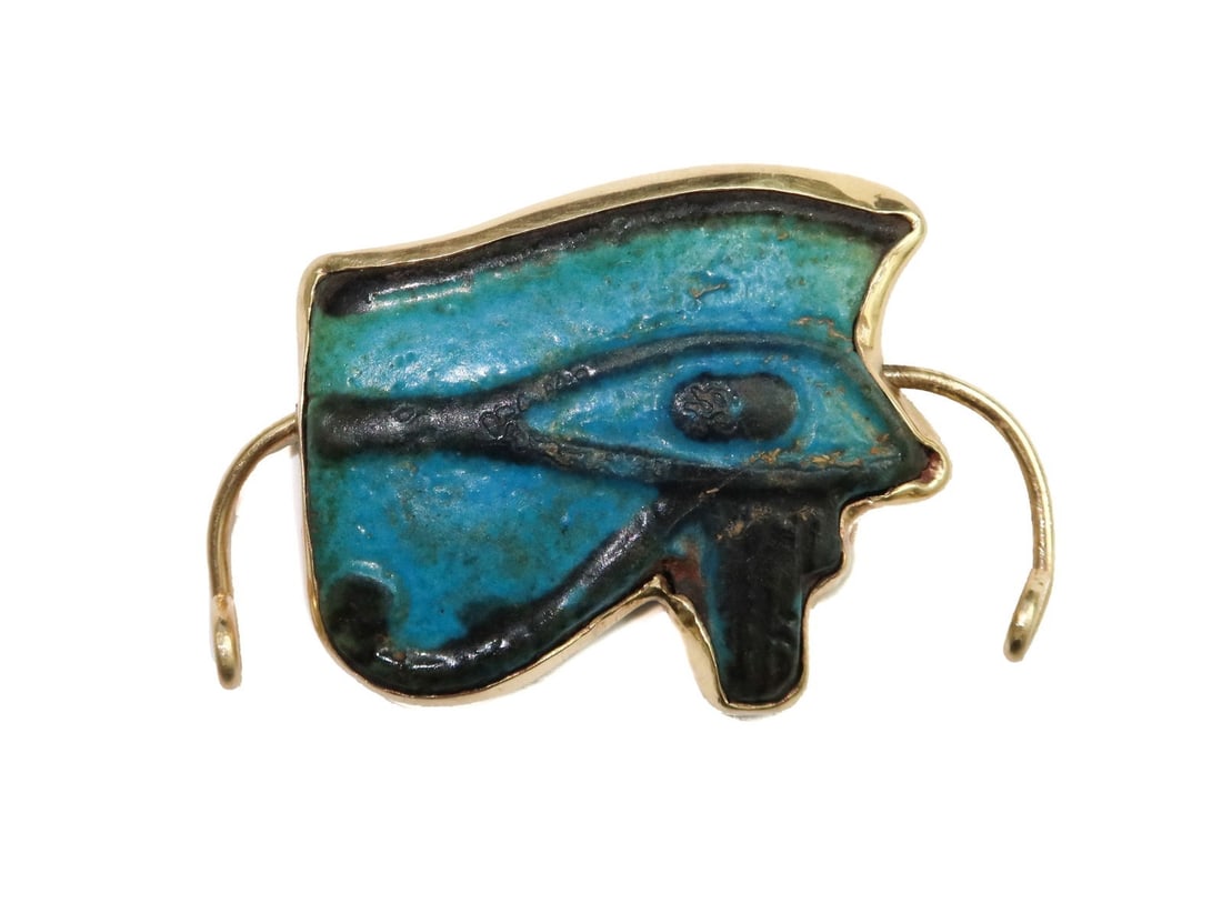 14k Yellow Gold Egyptian Eye of Horus Faience Glazed Amulet Pendant (1 of 6)