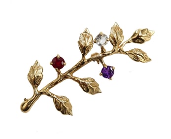 14k Yellow Gold Ruby Amethyst and White Tourmaline Leaf Pin Brooch